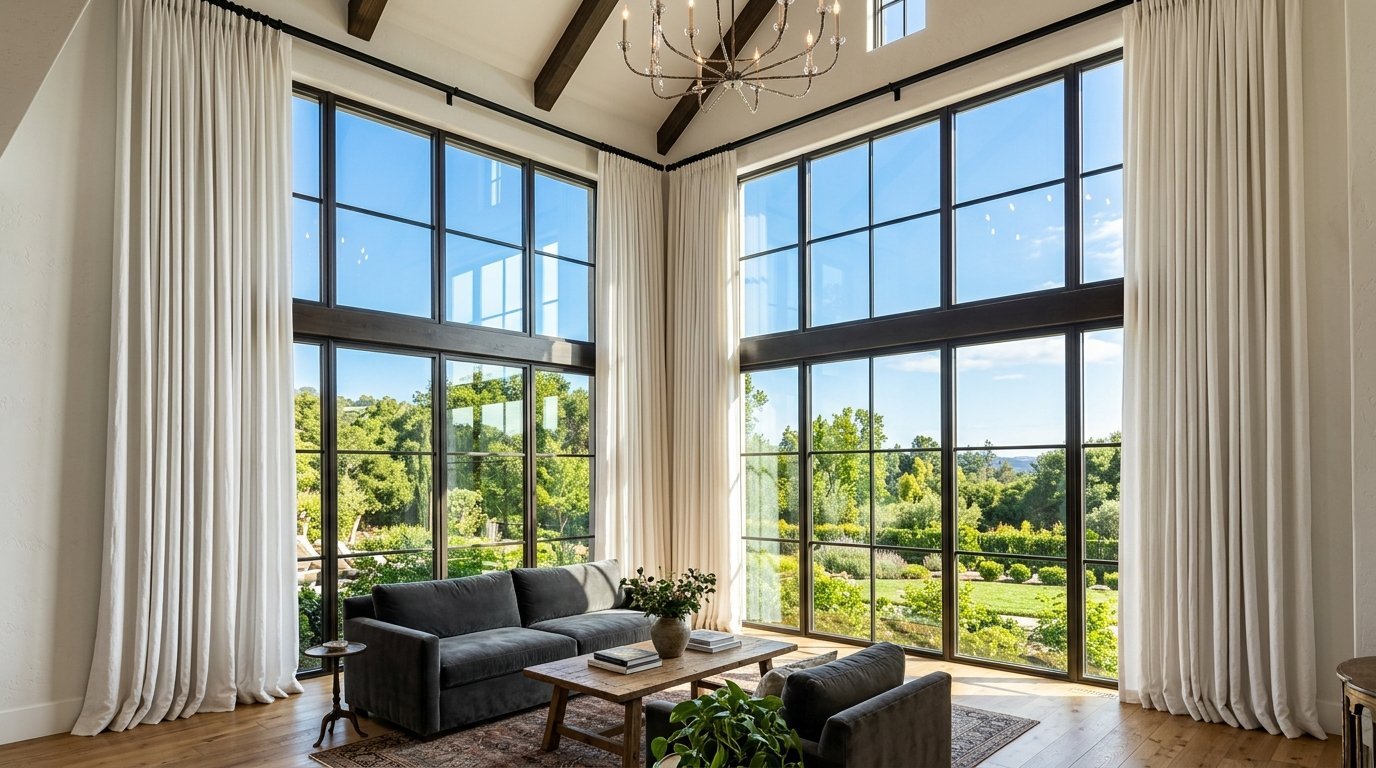 Spacious sunlit room featuring tall black-framed windows, white curtains, a grey sofa, and views of greenery.
