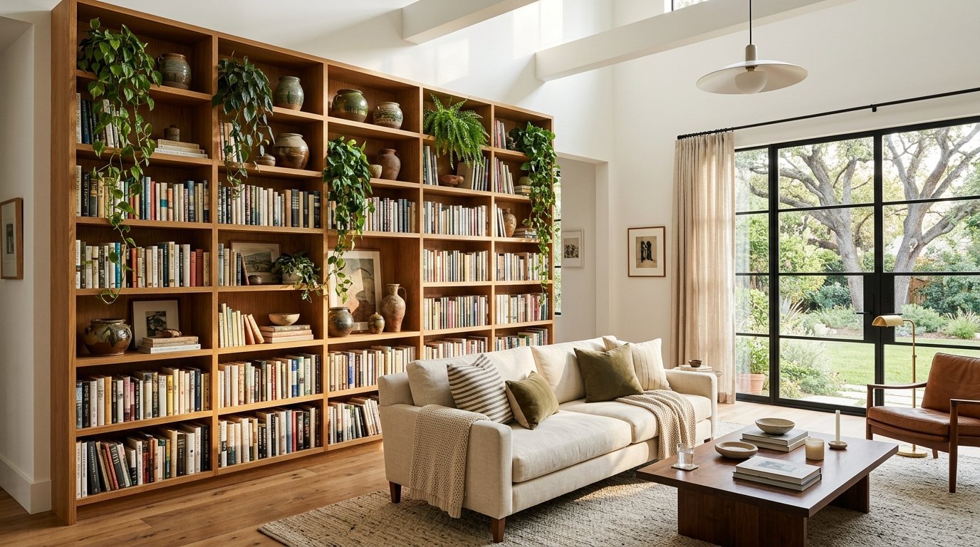A beige sofa sits in front of a tall wooden bookcase filled with books and hanging plants in a sunlit room.