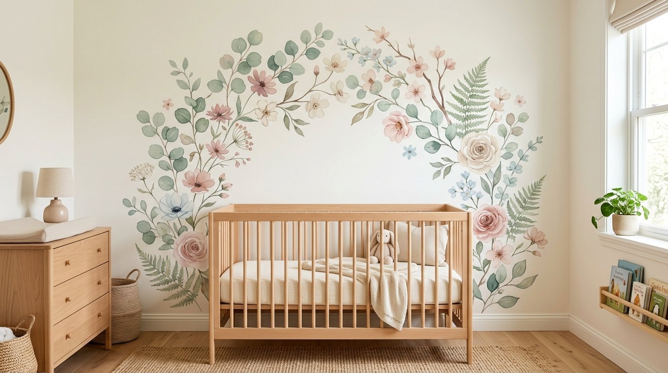 Wooden baby crib centered beneath a painted arch of pastel flowers and green eucalyptus leaves on a beige wall.