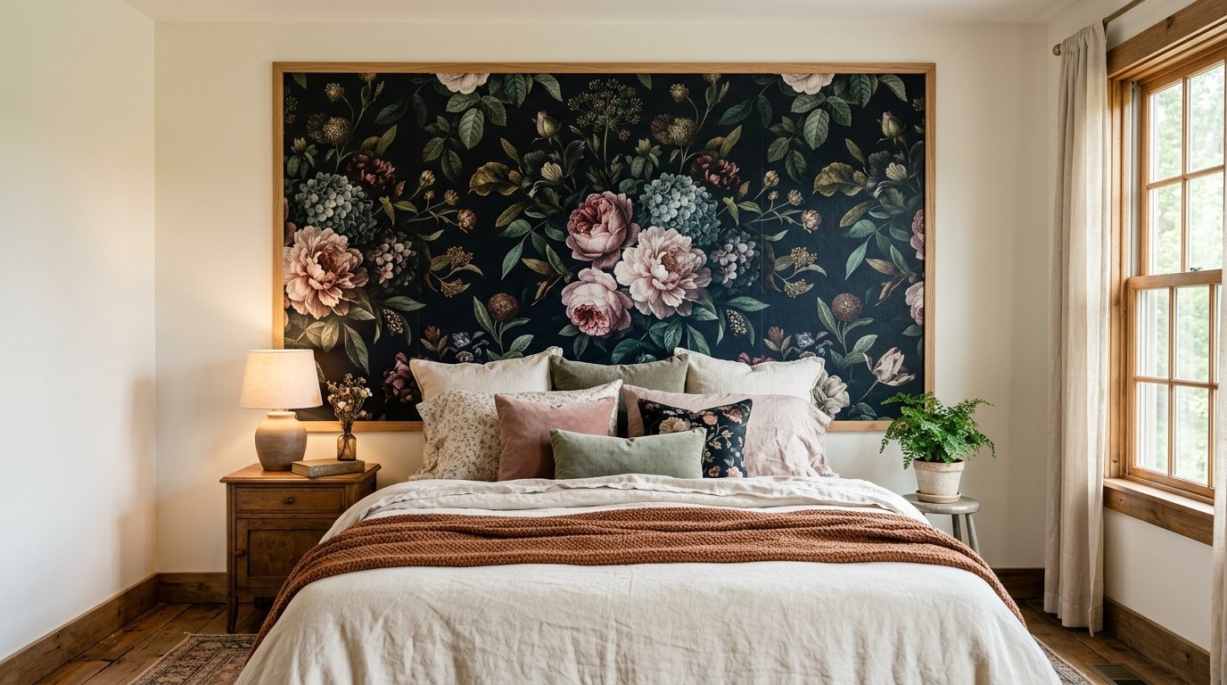 Large framed botanical wallpaper behind a bed with layered pillows and a rust-colored knit blanket.