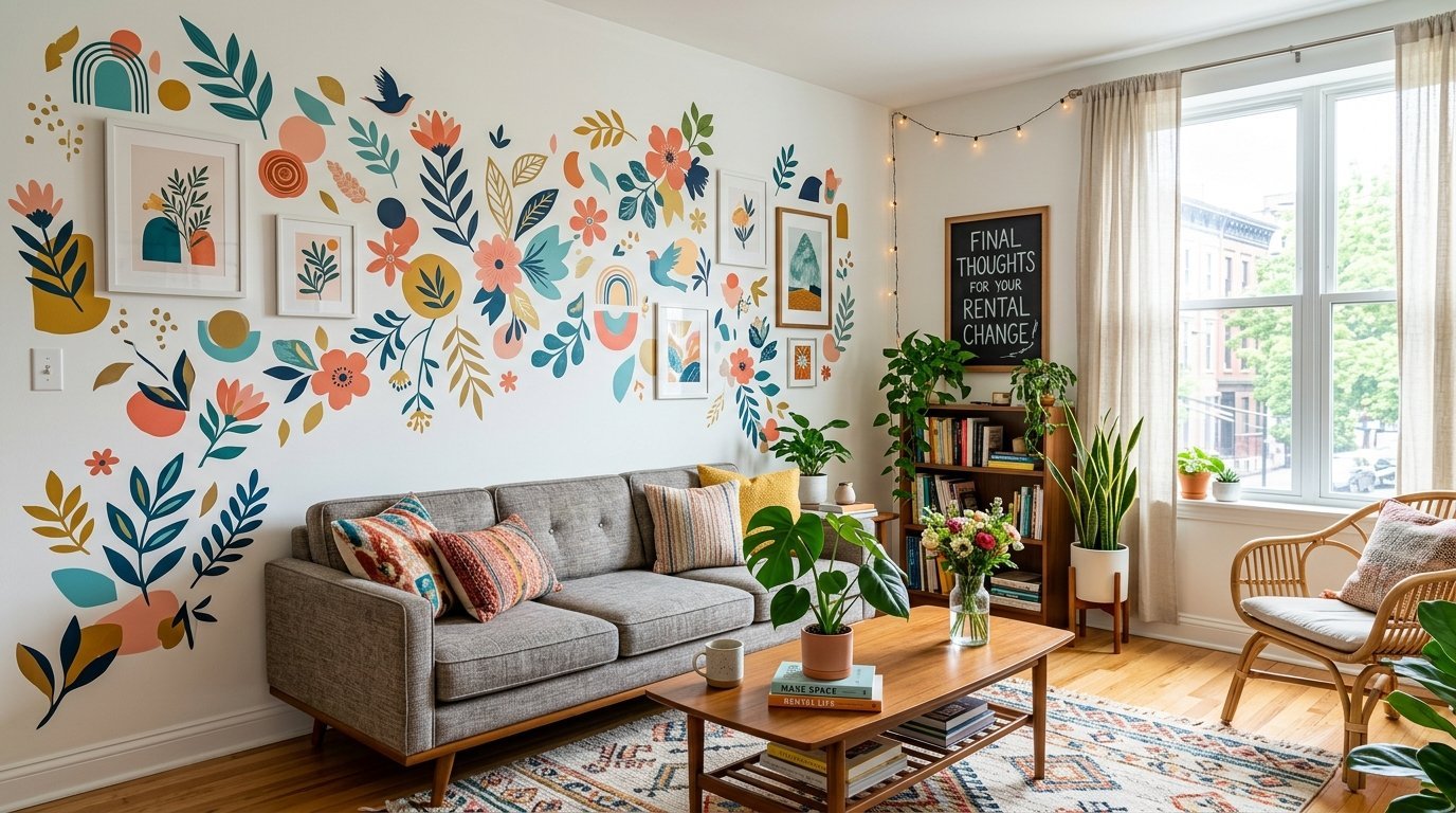 A living room featuring a grey sofa, wooden coffee table, and a wall decorated with colorful botanical stickers.