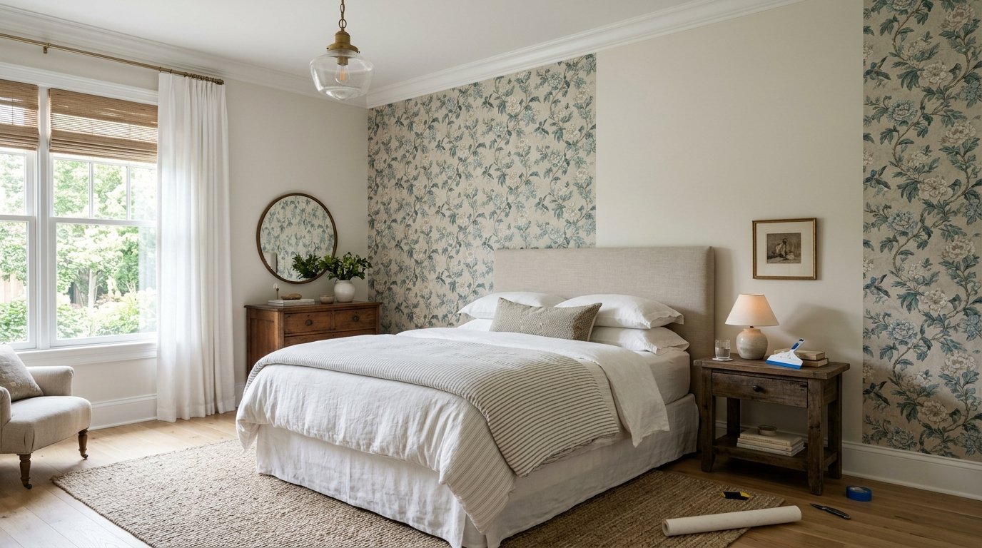 A bedroom with floral wallpaper, a beige upholstered headboard, and a striped throw blanket on the bed.