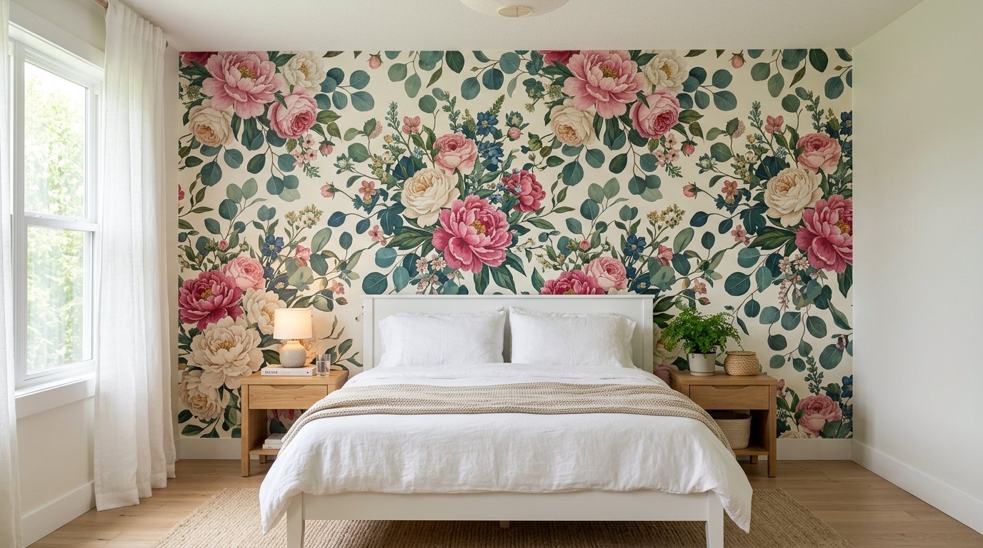 White bed centered against an accent wall covered in large-scale pink and white peony and greenery wallpaper.