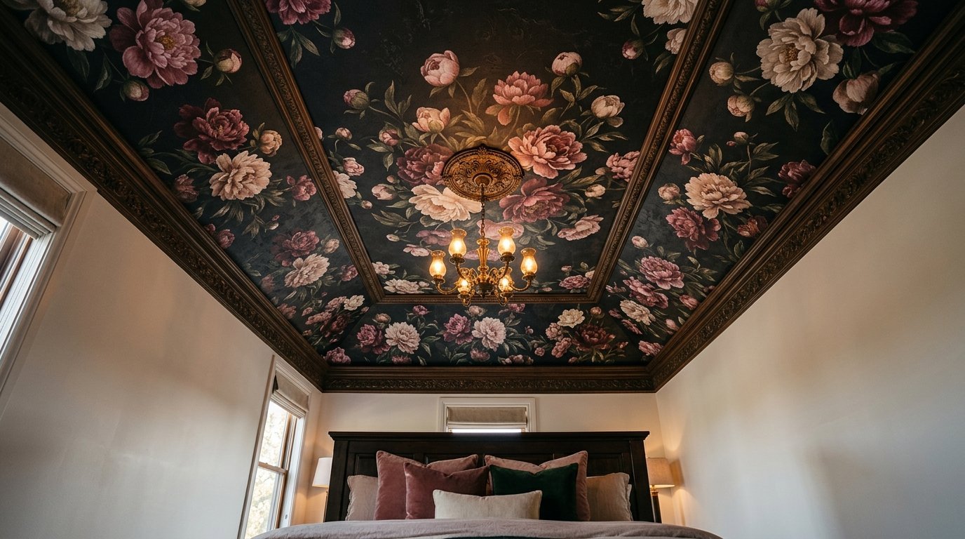 A bedroom with a dark floral wallpaper ceiling framed by ornate wood molding and a traditional hanging light fixture.