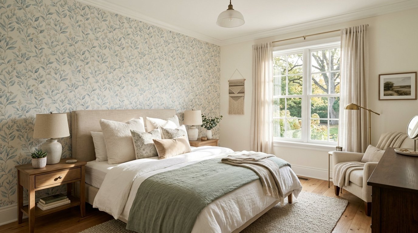 A sunlit bedroom with blue floral wallpaper, a beige upholstered bed, and a green throw blanket.