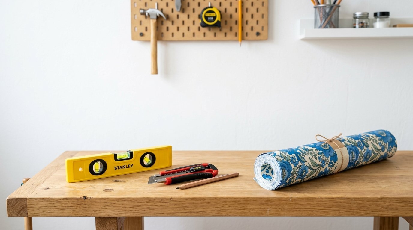 A wooden workbench holding a floral wallpaper roll, spirit level, utility knife, and pencil with a pegboard in the back.