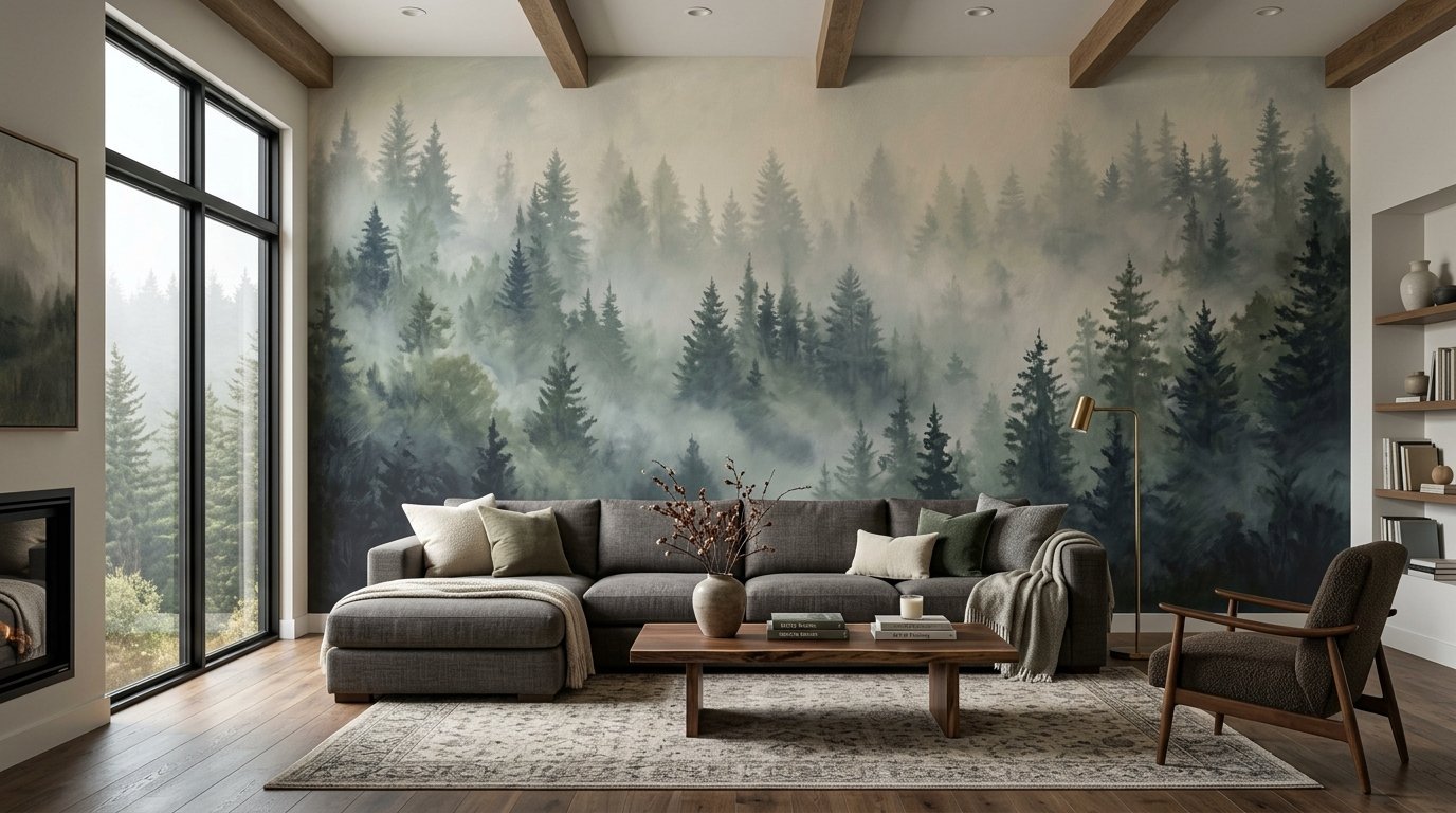 A living room interior featuring a dark sofa against a large wall mural of a misty evergreen forest.