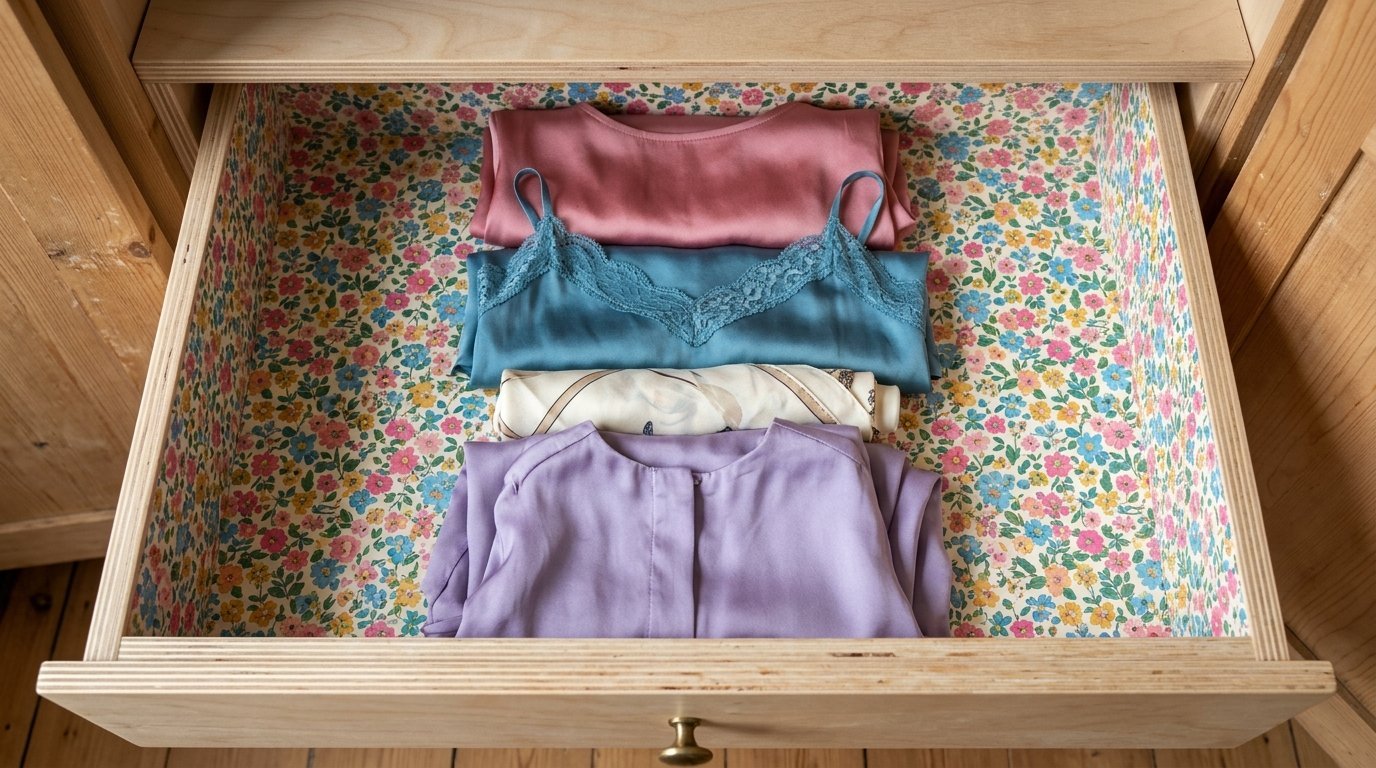 Colorful folded silk clothing arranged in a wooden drawer lined with small floral wallpaper.