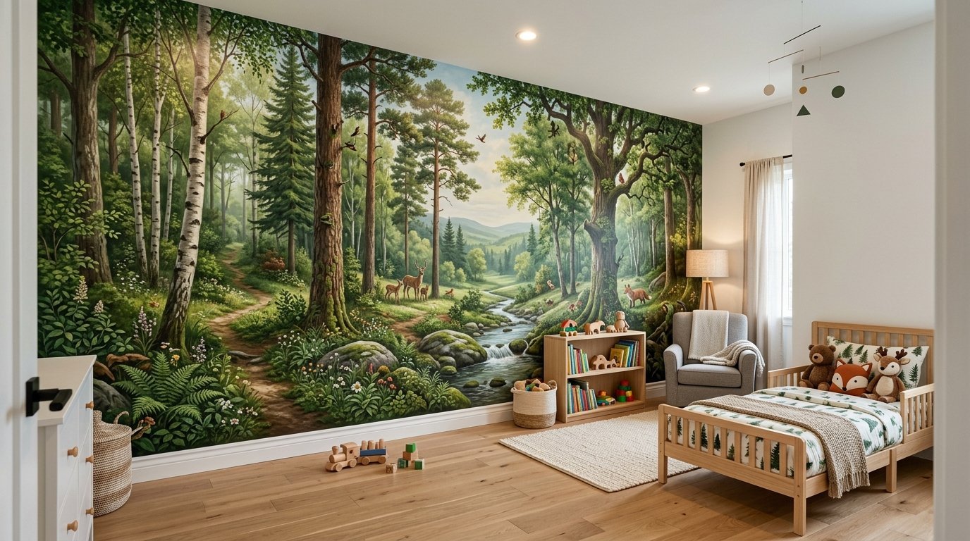 Child's bedroom with a nature wall mural of a stream, trees, and deer, including a wooden toddler bed and toys.
