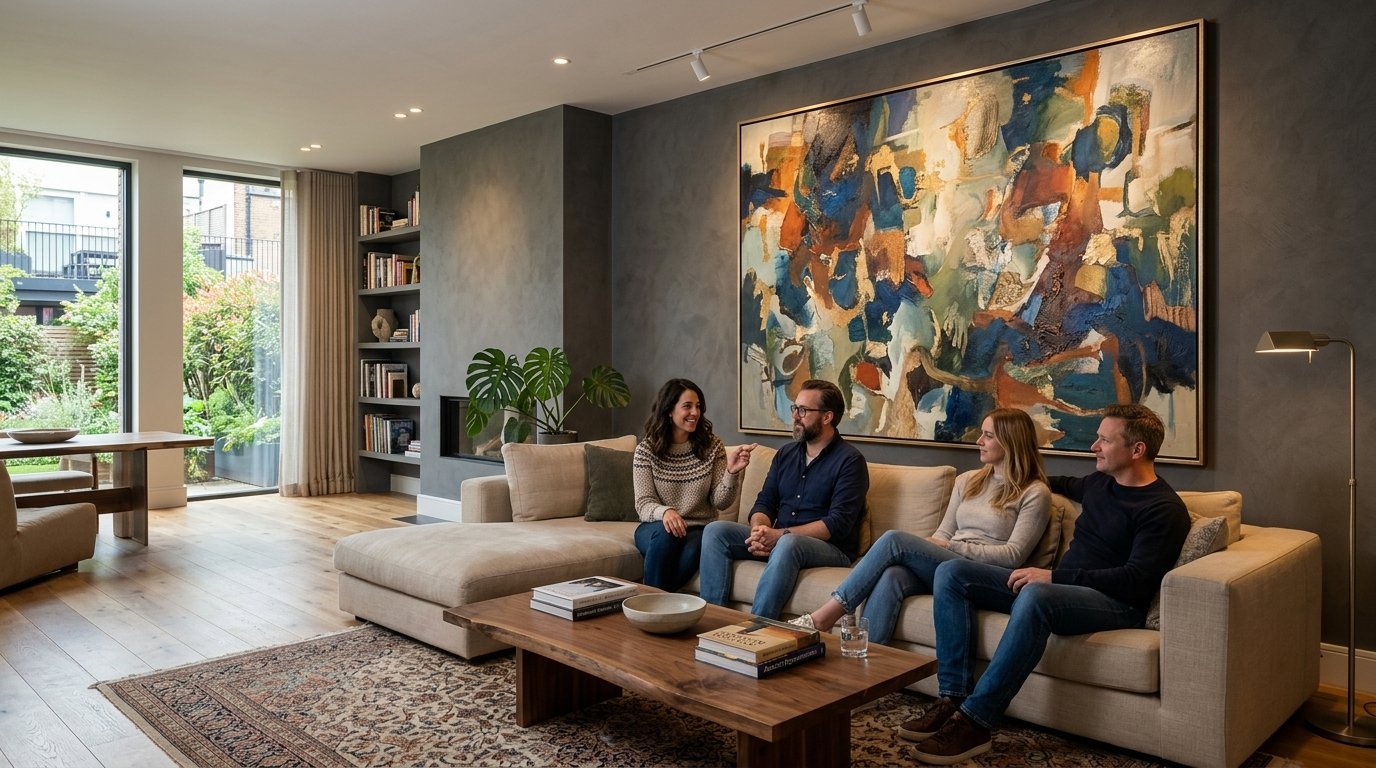 Two couples relax on a large cream sofa in a room with a large abstract painting and wood coffee table.