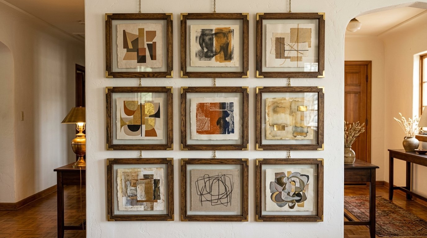 Nine framed abstract prints hanging in a three-by-three grid on a white interior wall.