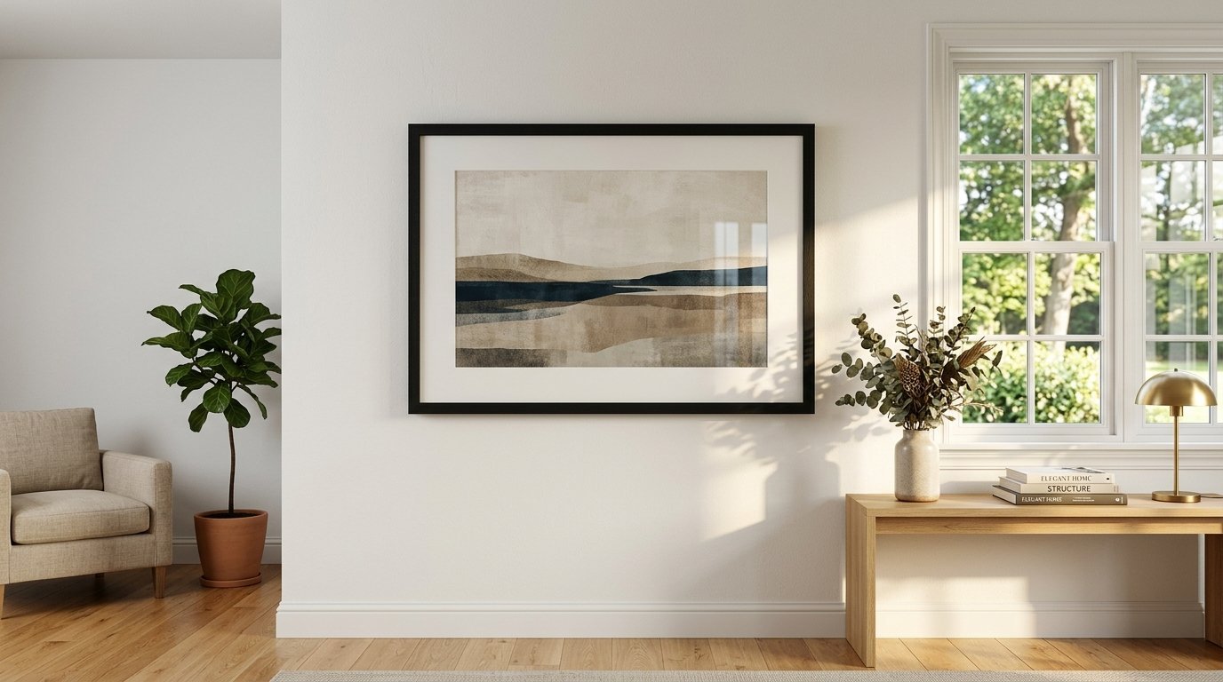 A framed art print featuring abstract hills and water tones centered on a white wall above a wooden console table.