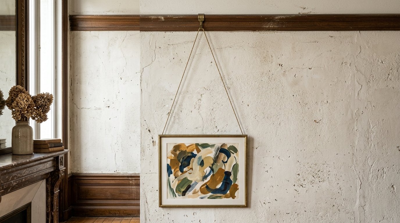 A framed abstract painting with blue, green, and tan brushstrokes hung on a textured plaster wall by a metal hook.