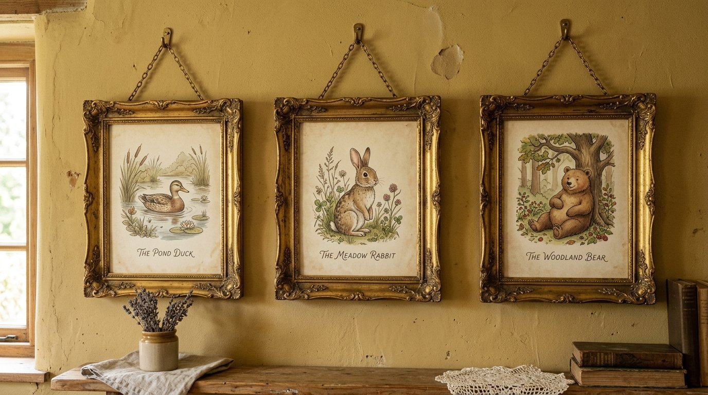 Decorative prints of a duck, rabbit, and bear displayed in matching gold frames against a yellow plaster wall.