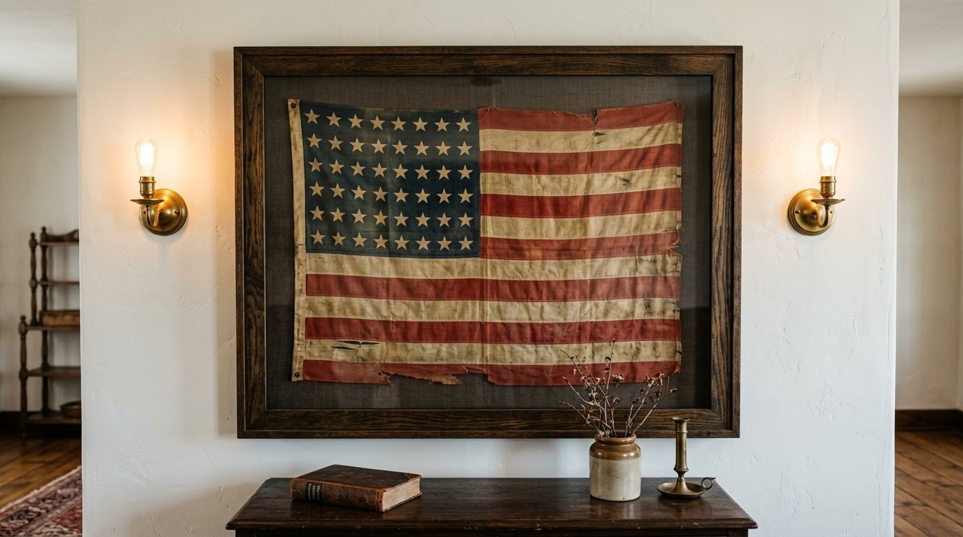 A weathered antique US flag mounted inside a wooden frame on a white wall between two brass wall sconces.