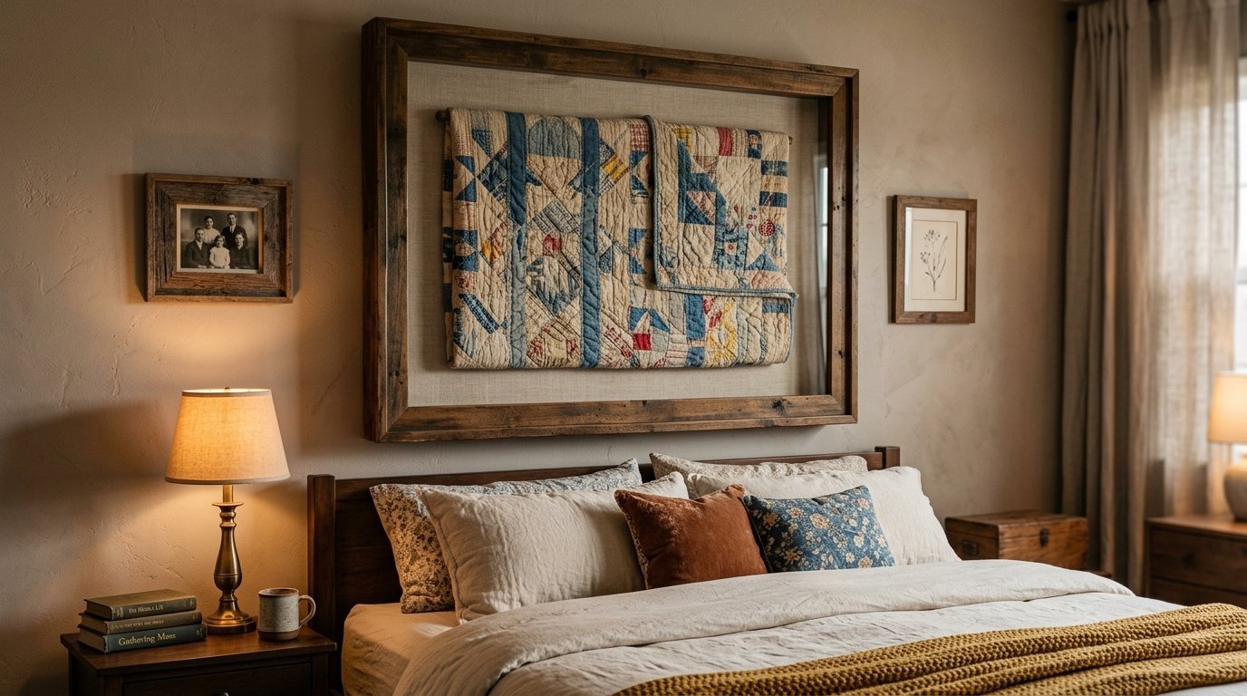 An antique patterned quilt mounted inside a large wooden shadow box frame above a cozy bed.