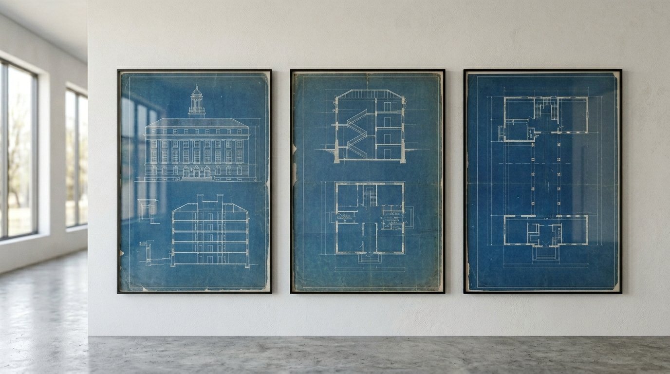 A triptych of framed blue and white building floor plans and elevation drawings hanging in a bright modern room.