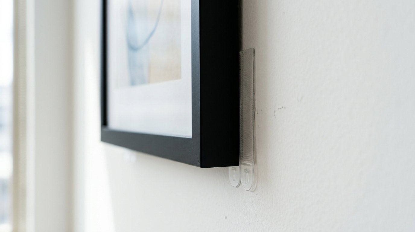 Close-up view of a black frame attached to a white wall using heavy-duty command adhesive strips.