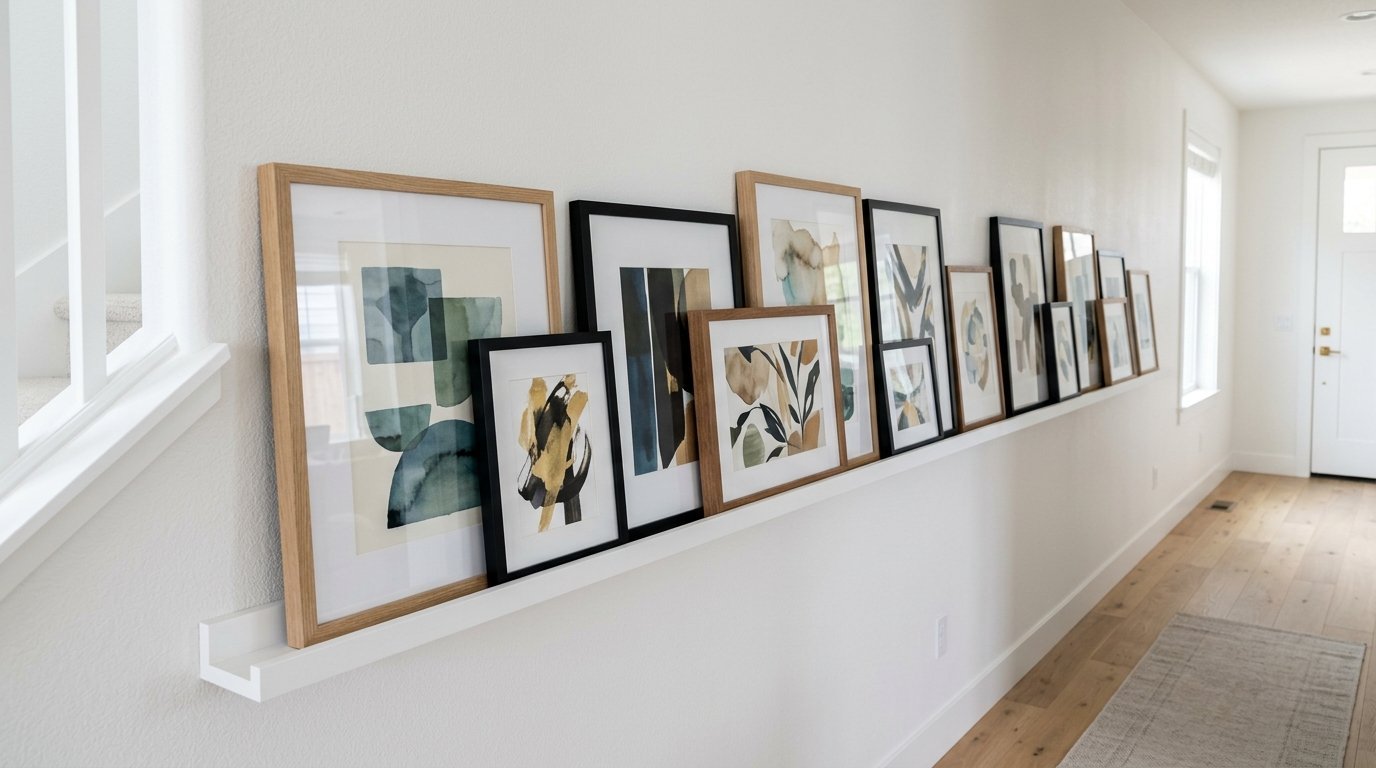 Row of various sized framed abstract artworks arranged on a long white wall ledge in a bright home hallway.