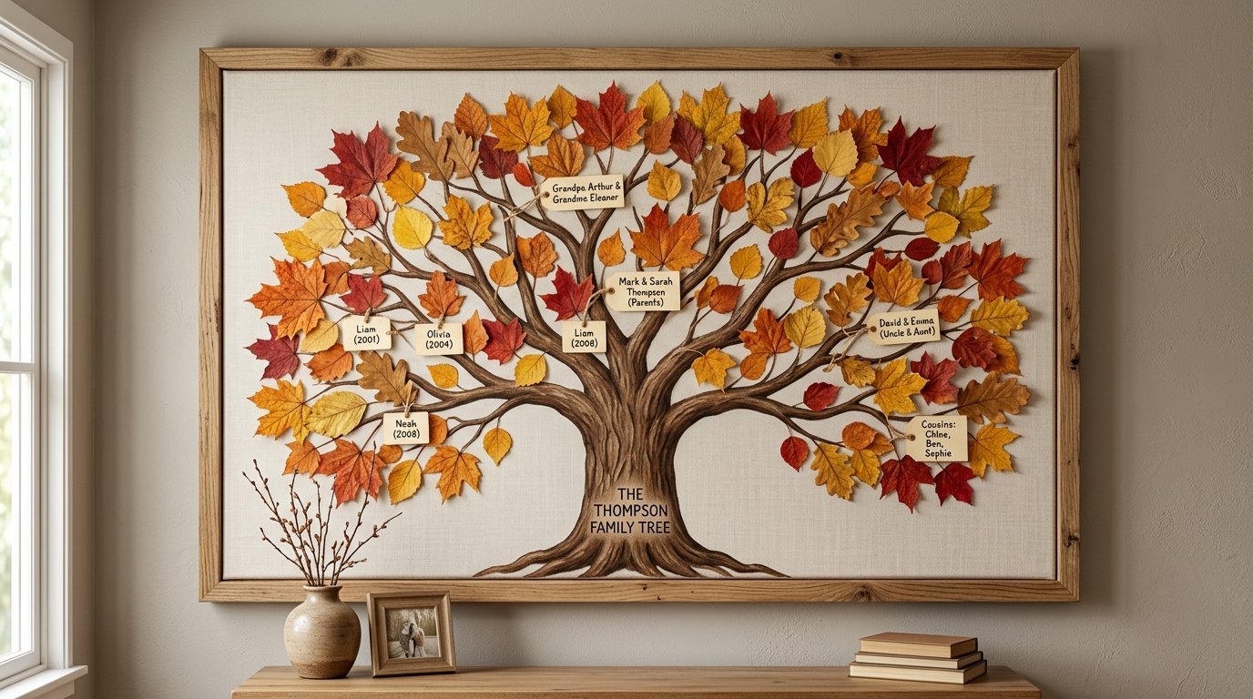 Wooden frame hanging on a wall displaying a family tree made of colorful autumn leaves with names on paper tags.