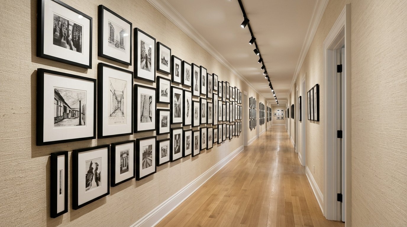 Many framed monochrome architectural drawings hung on a textured tan wall in a well-lit hallway with hardwood floors.