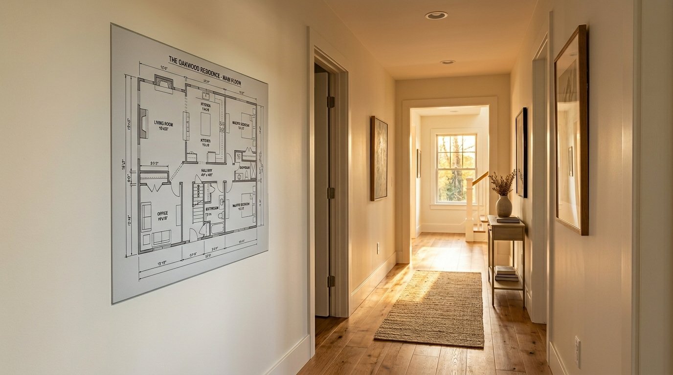 Architectural drawing of a house layout hanging on a white wall in a bright, modern interior corridor.