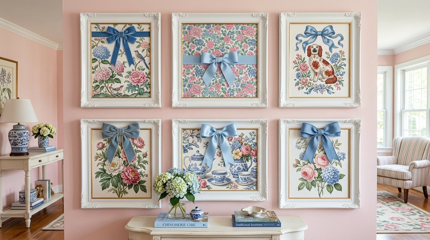 Gallery wall of framed floral and dog illustrations decorated with satin ribbons on a light pink wall.