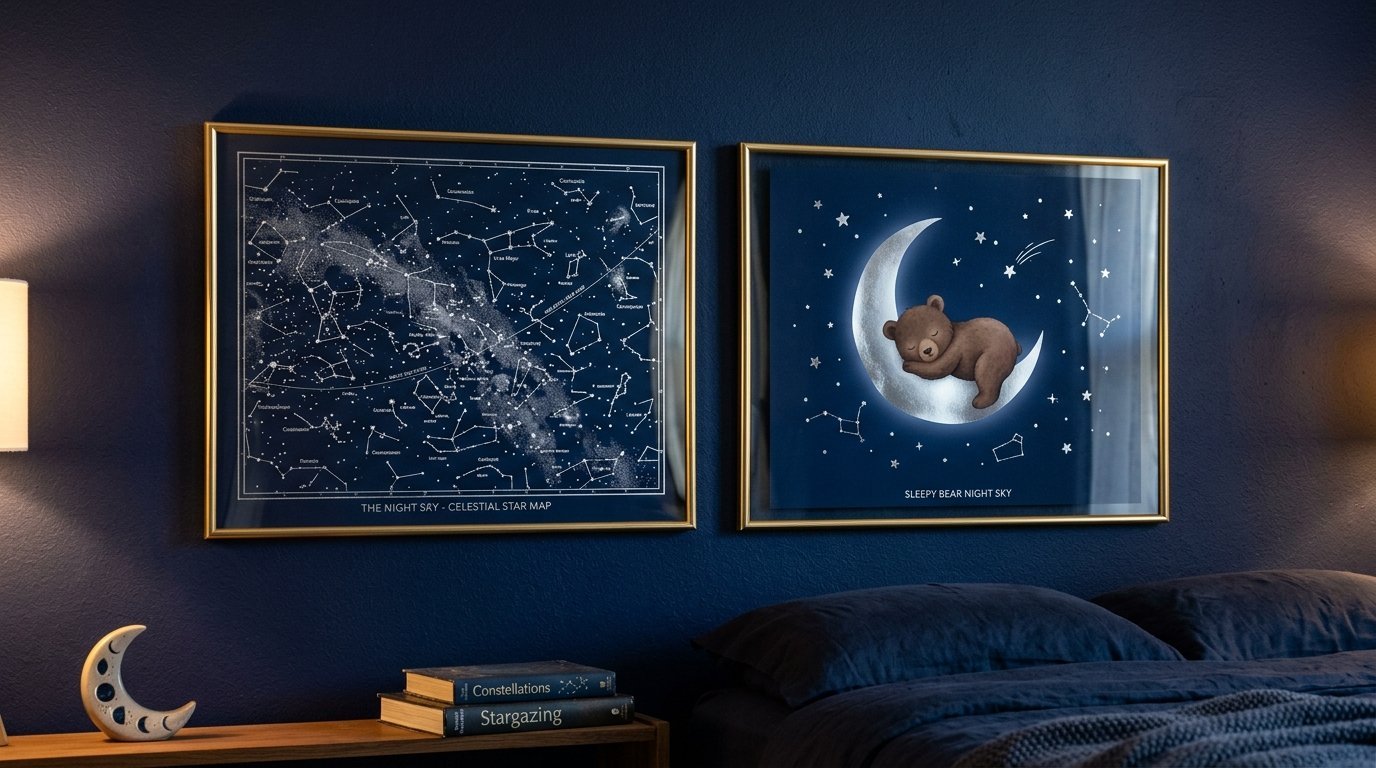 Two gold-framed posters featuring a star map and a sleeping bear on a crescent moon above a dark bed.
