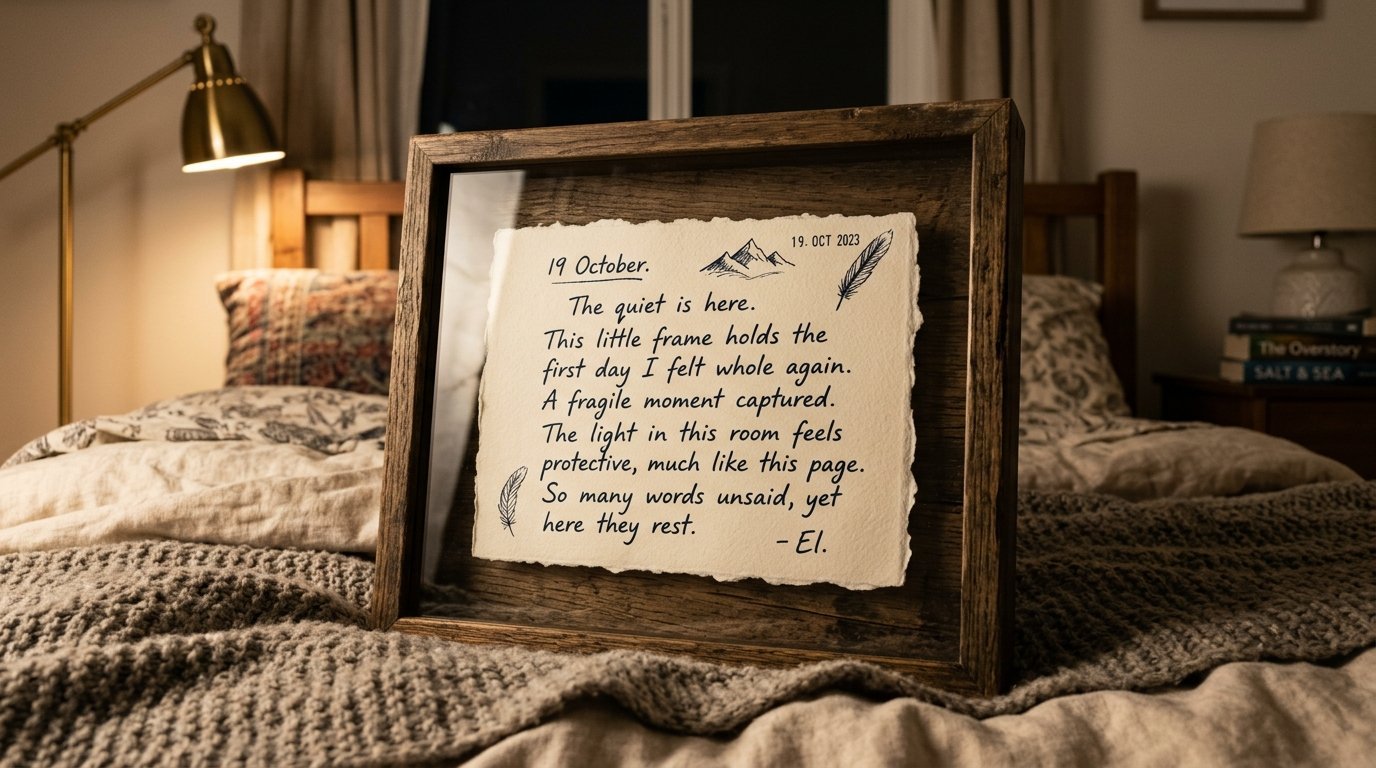 A wooden shadow box frame holding a handwritten poem about inner peace, set against a bedroom background.