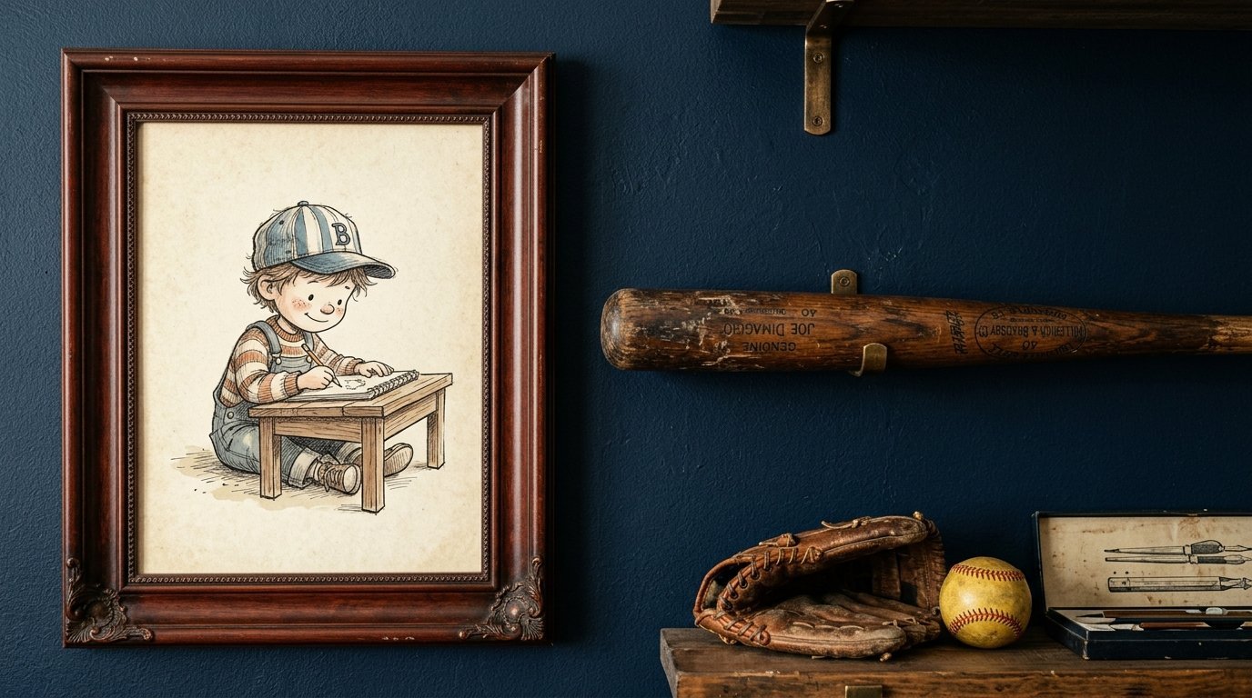A framed sketch of a boy wearing a baseball cap sitting at a small desk next to a baseball bat and glove.