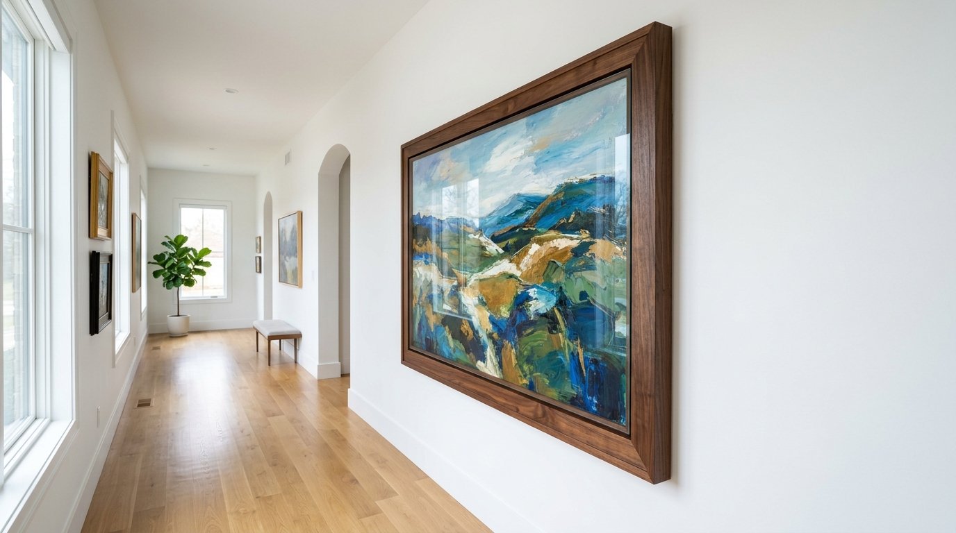 A framed abstract painting of mountains hanging on a white wall in a sunlit wooden hallway.