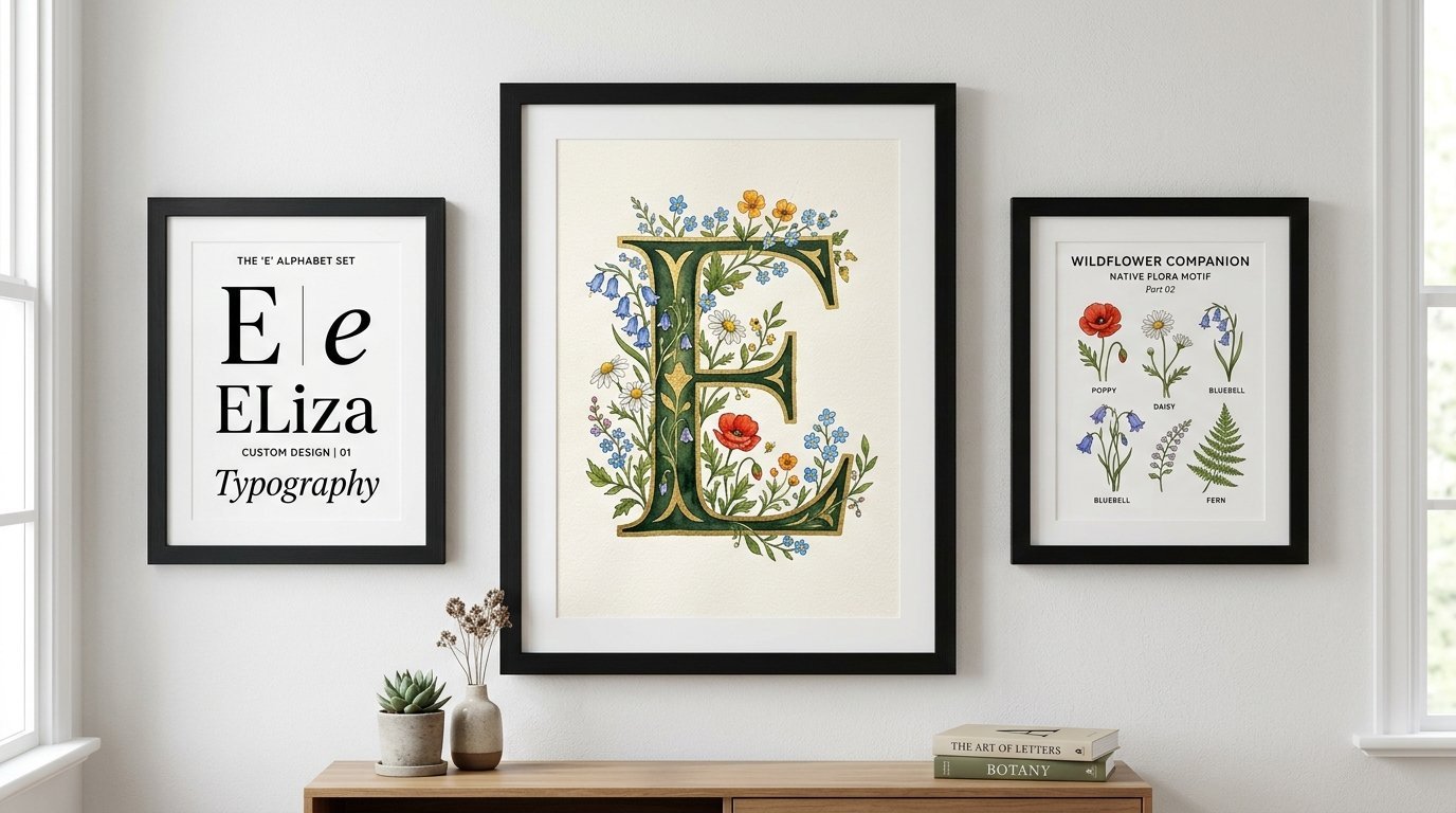 Wall gallery set featuring a central watercolor letter E surrounded by wildflowers, flanked by typography and plant guides.