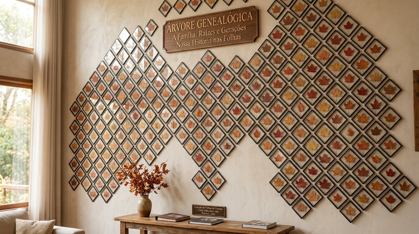 Diamond-shaped frames holding colorful pressed maple leaves displayed in a decorative mural pattern on a textured wall.