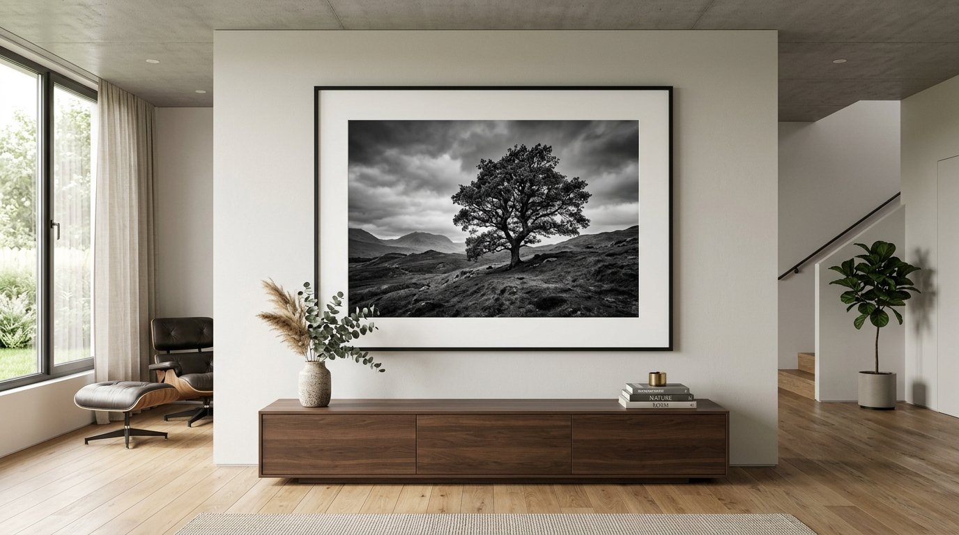 A framed moody black and white photo of a lone tree on a mountain hillside displayed in a modern minimalist living room.