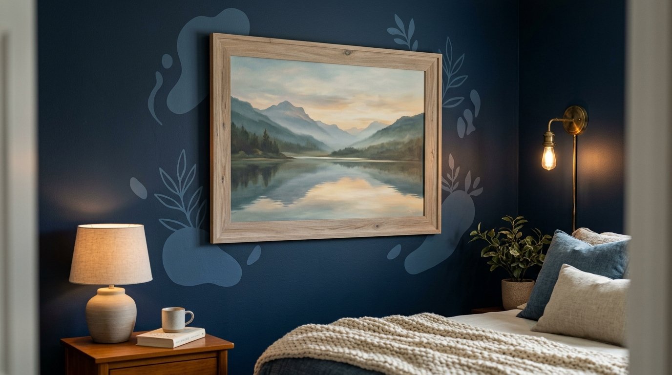 Large framed landscape artwork of misty mountains over a reflective lake, mounted on a dark blue wall.