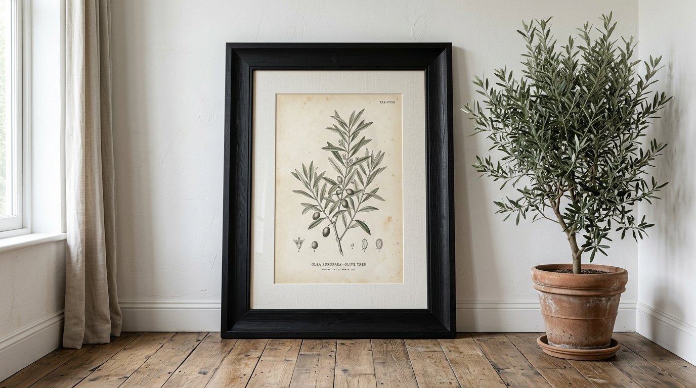 A framed antique olive tree sketch sitting on a wooden floor beside a potted olive plant.