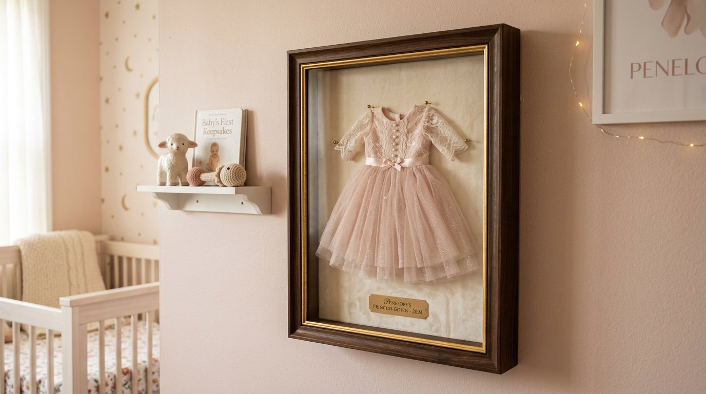 Delicate pink tulle baby gown mounted in a wooden shadow box on a blush nursery wall.