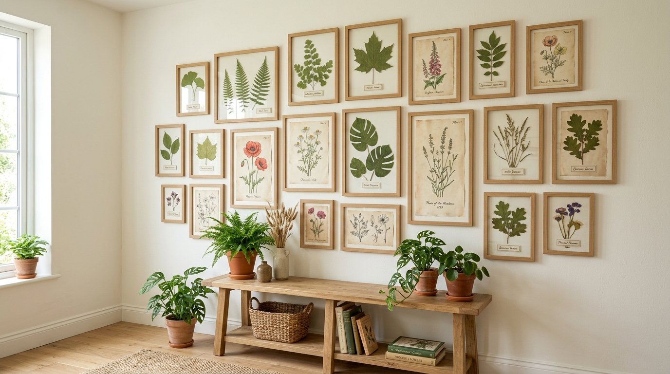 Many wood-framed botanical prints arranged in a gallery style above a rustic wooden console table with potted plants.