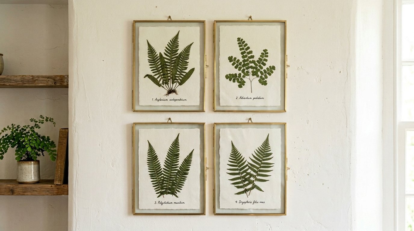 A gallery wall arrangement of four brass-framed botanical prints featuring pressed green fern species.