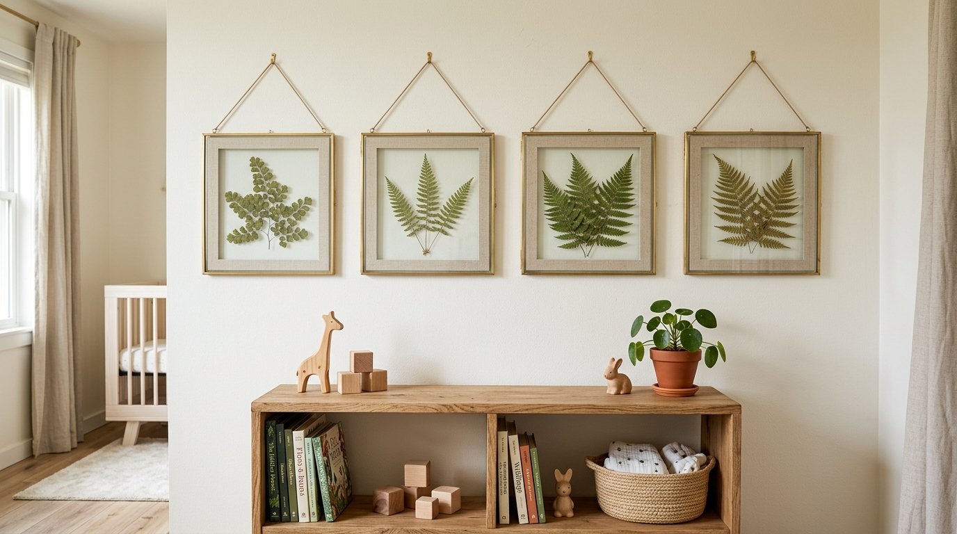 Wall gallery featuring four gold-rimmed floating frames with green pressed leaves above a wooden nursery bookshelf.
