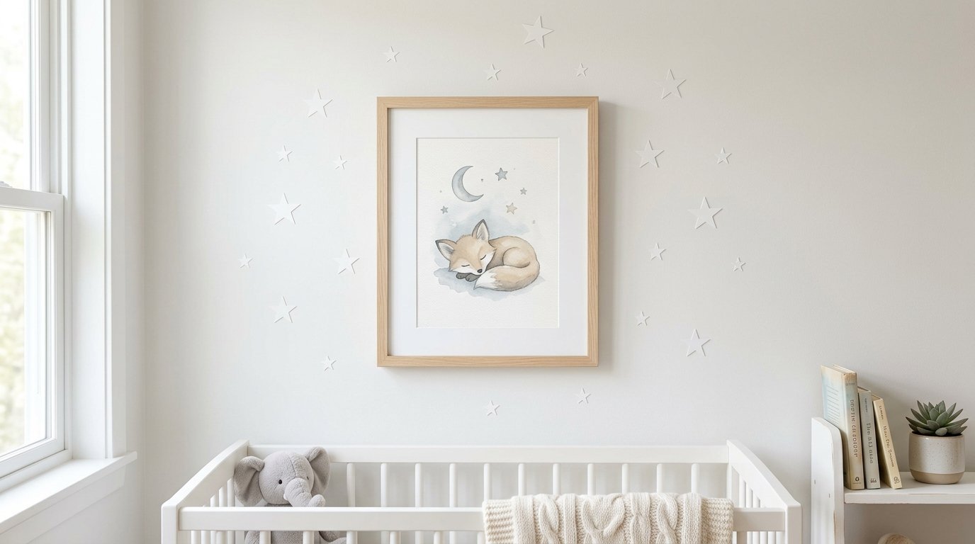 Wall-mounted art piece depicting a tiny fox resting under a moon and stars inside a modern white baby nursery.