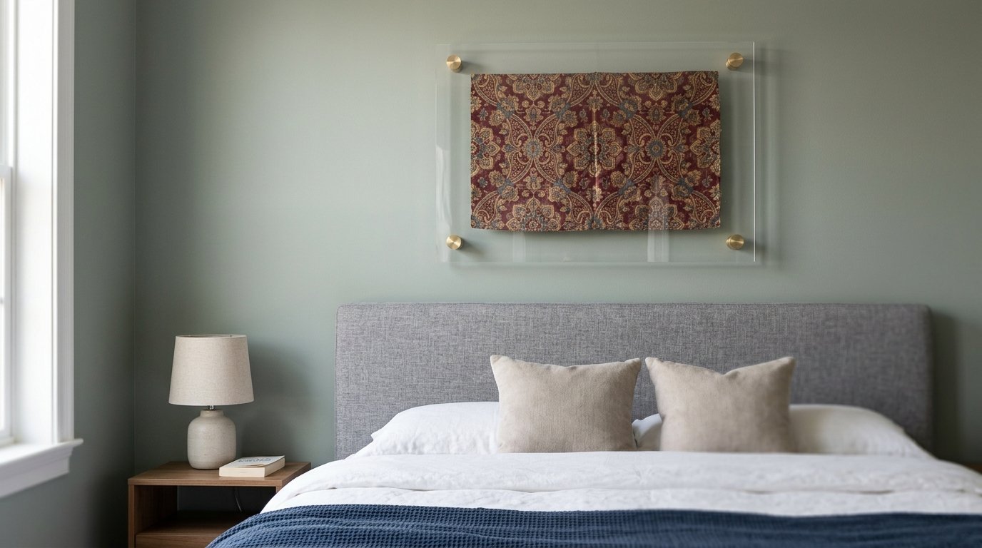 An ornate antique fabric square mounted in a floating acrylic wall frame above a grey upholstered headboard.