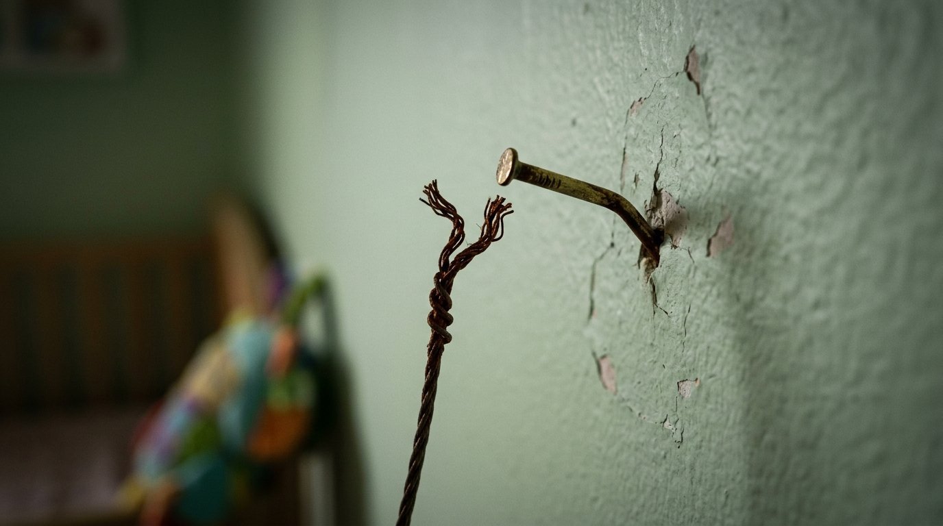 A close-up of a broken wire strand positioned next to a bent metal nail embedded in a cracked green plaster wall.