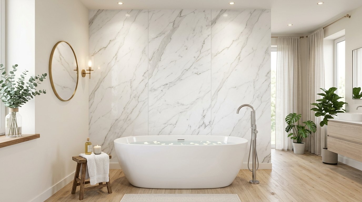 Modern bathroom with white oval bathtub, marble wall, wooden stool, and potted green plants.