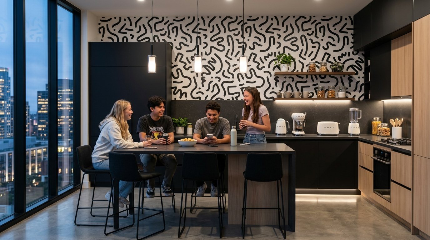 Group of young adults sitting at a dark kitchen island with black and white abstract wallpaper in the background.
