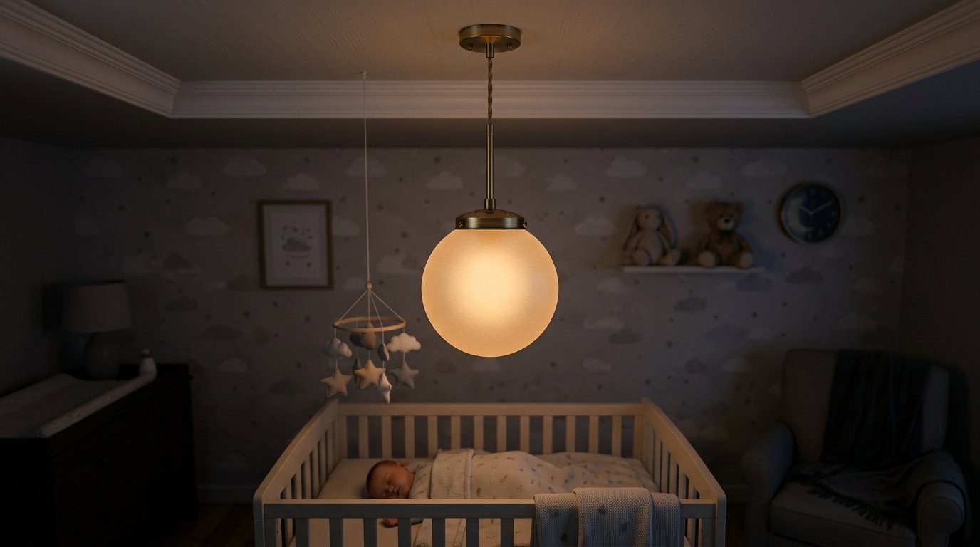 A round matte glass pendant lamp hanging over a crib where a newborn baby is sleeping.