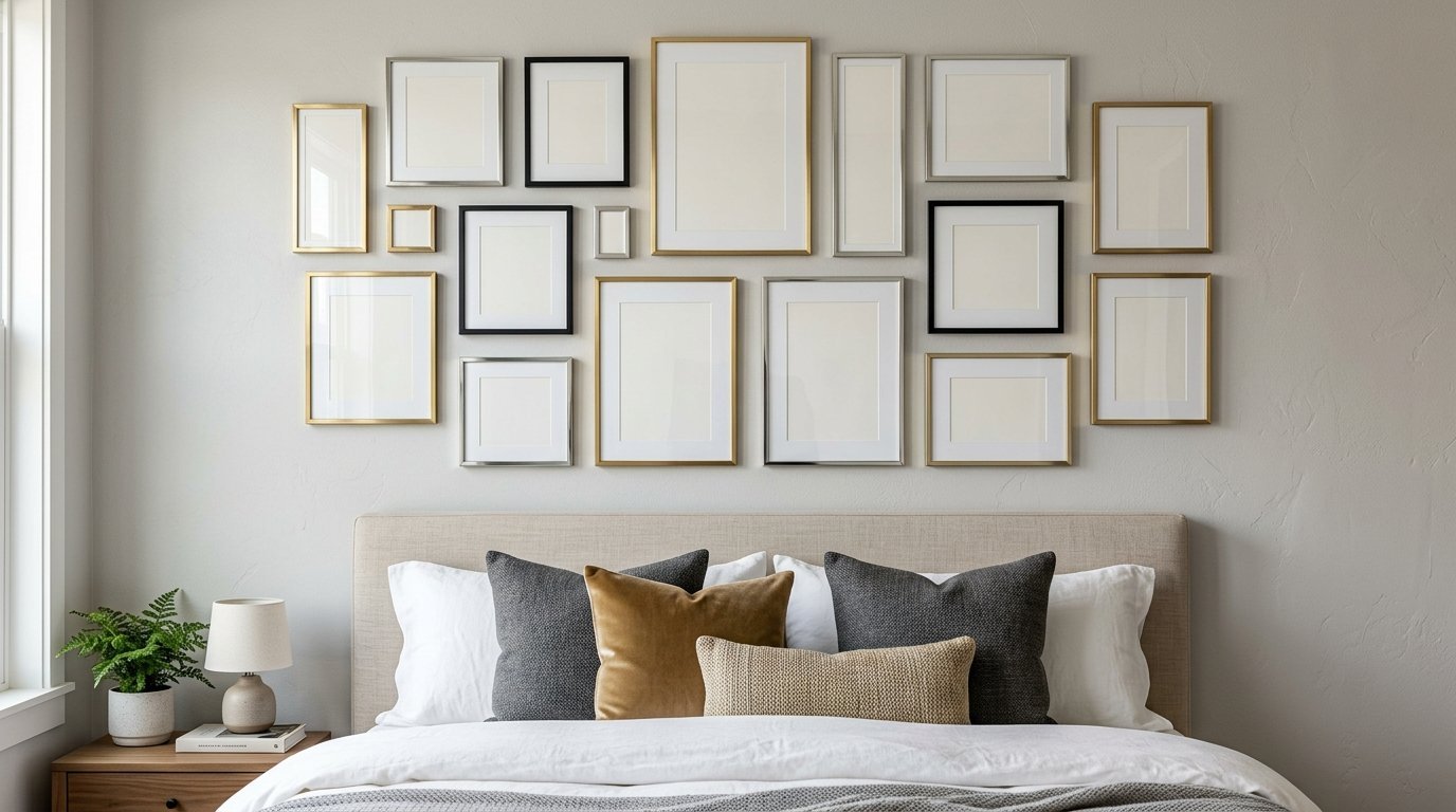 Collection of various sized gold and black frames mounted symmetrically on a light gray wall over a bed.