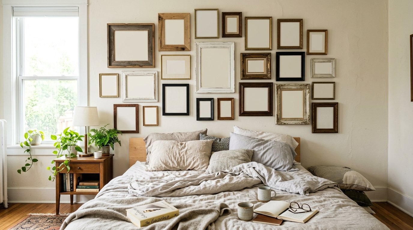 Empty picture frames of various sizes and wood finishes arranged on a wall above a made bed with linen bedding.