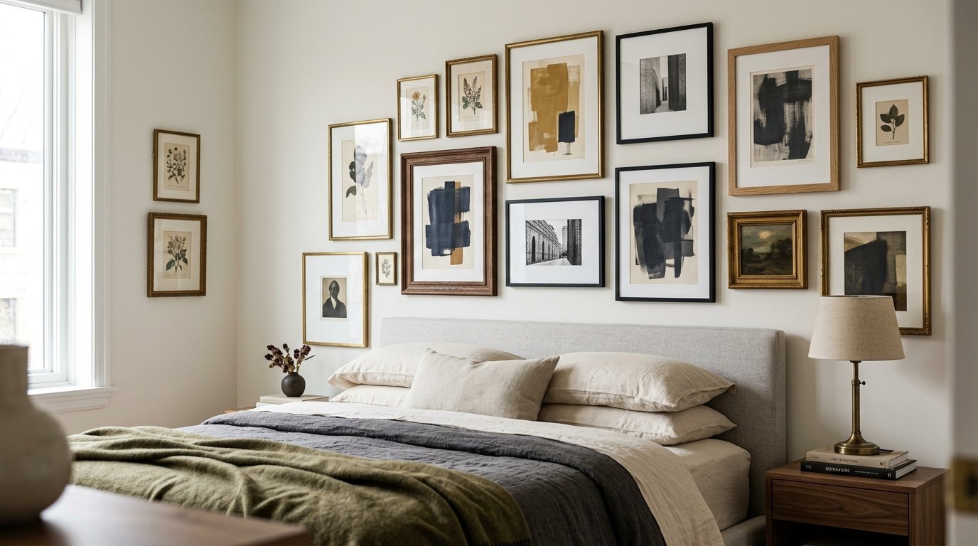 A large gallery wall of framed prints and paintings above a grey bed with layered bedding.