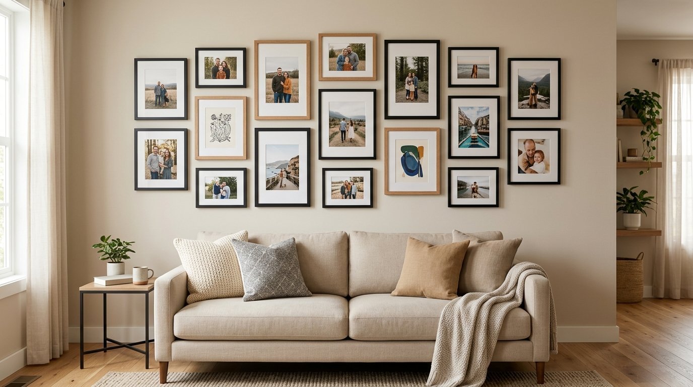 A beige couch with decorative pillows sitting in front of a wall featuring a large collection of framed family portraits.